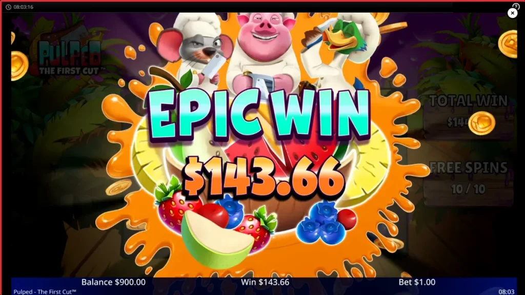 Pulped: The First Cut slot machine interface featuring tropical fruit and chef characters.
